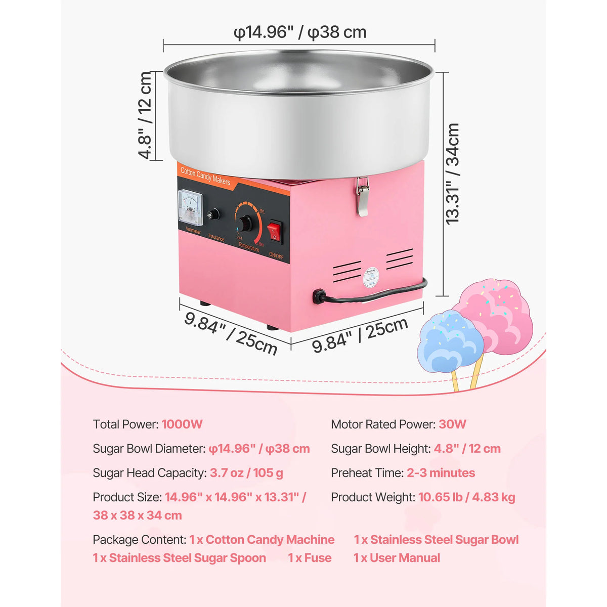 SucceBuy Cotton Candy Machine Commercial 1000W Electric Candy Floss Maker Easy Use with 15 inch Stainless Steel Bowl for Kids
