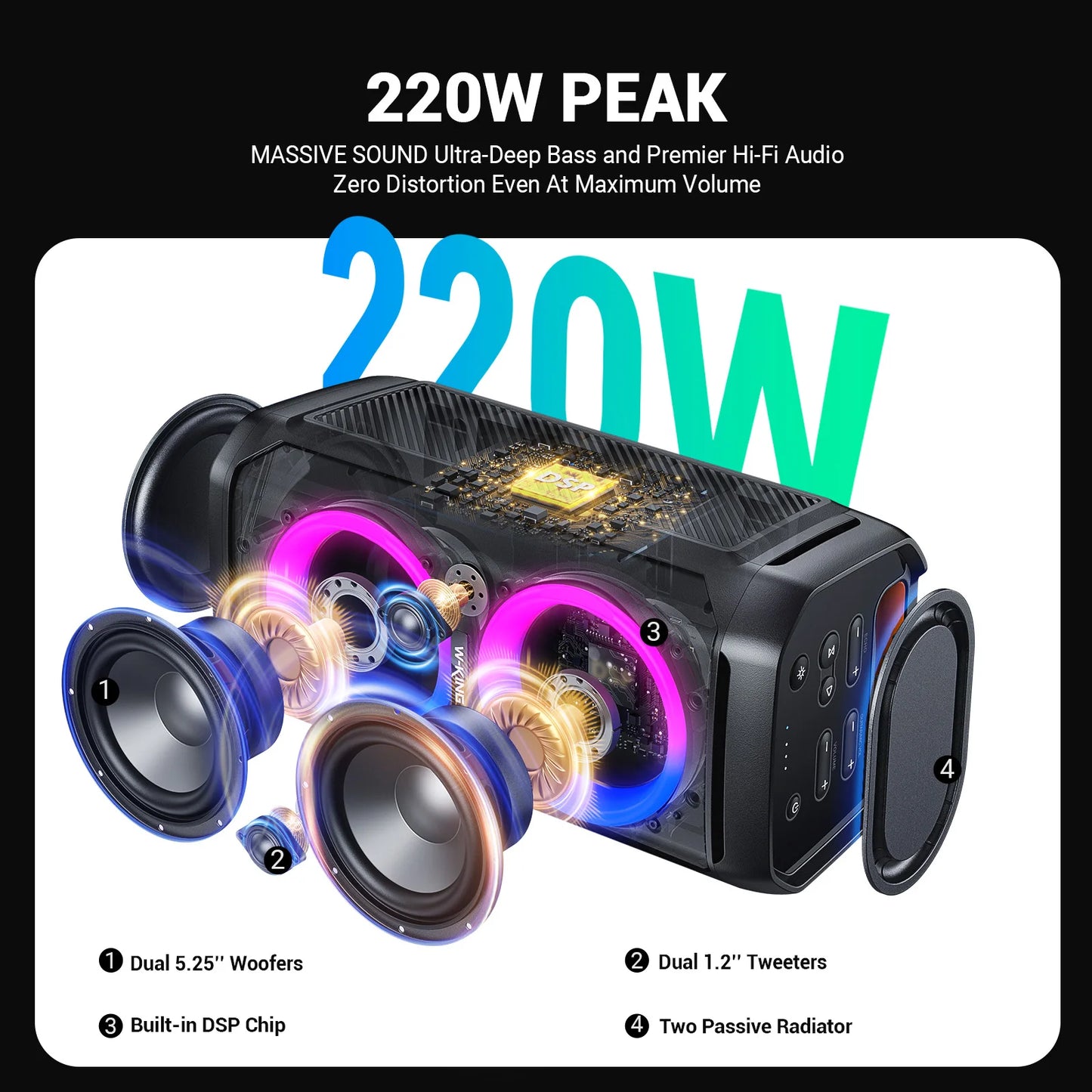 W-KING T11 Bluetooth Speakers,100W RMS, IPX6 Waterproof, BT 5.3 Portable Party Boombox Wireless Deep Bass/115dB Loud Massive Sound