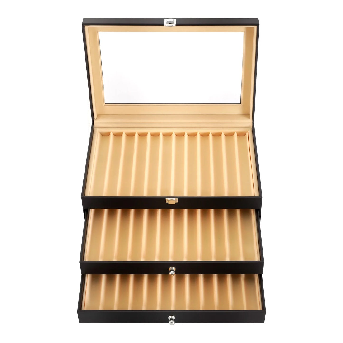 3-Tier Pen Display Box Desktop Pens Organizer 36-Slots Pen Case Soft PU Surface Black with Drawers