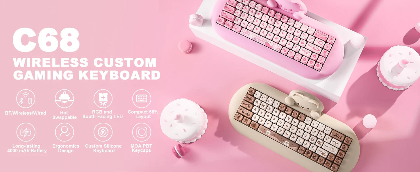 YUNZII C68 Wireless Gaming Keyboard, Hi-Fi Cute Cat Custom RGB Mechanical Keyboard, Silicone 65% Hot Swap Ergonomic Kitty Keeb
