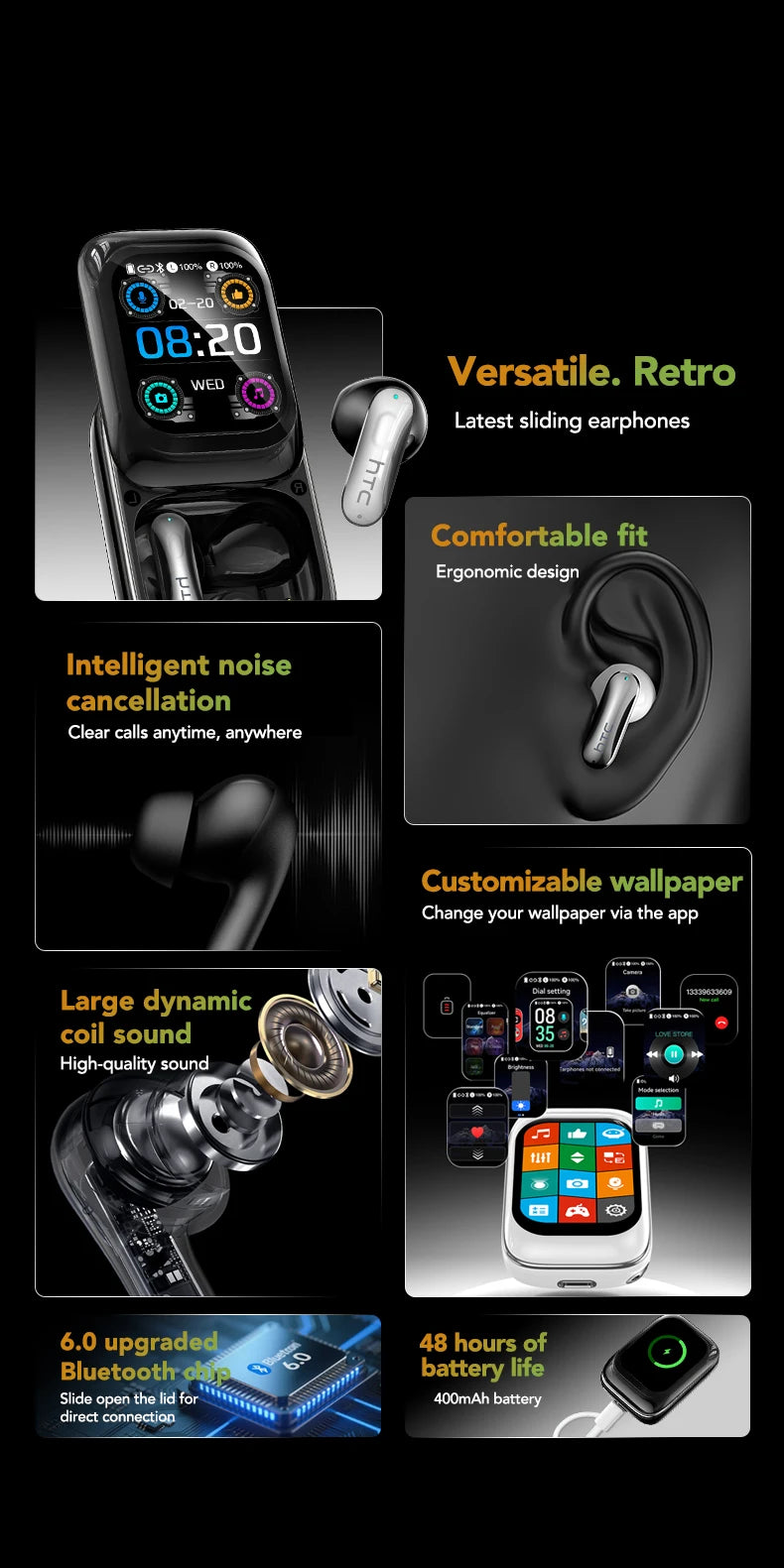 Sliding Cover Bluetooth Headphones Wireless Earbuds 30Hrs Playback Earphones AI Translation Headset Clear Sound Noise Cancelling