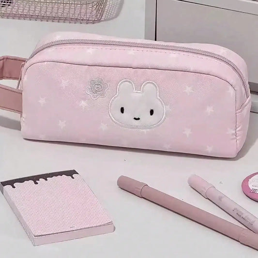 1pc Star Print Embroidery Animal Pencil Case, Soft Fabric Large Capacity Pen Pouch , Bunny & Panda Design Stationery Bag For Students, Portable Back To School Supplies To Store Pens Erasers And Small Learning Accessories,Back