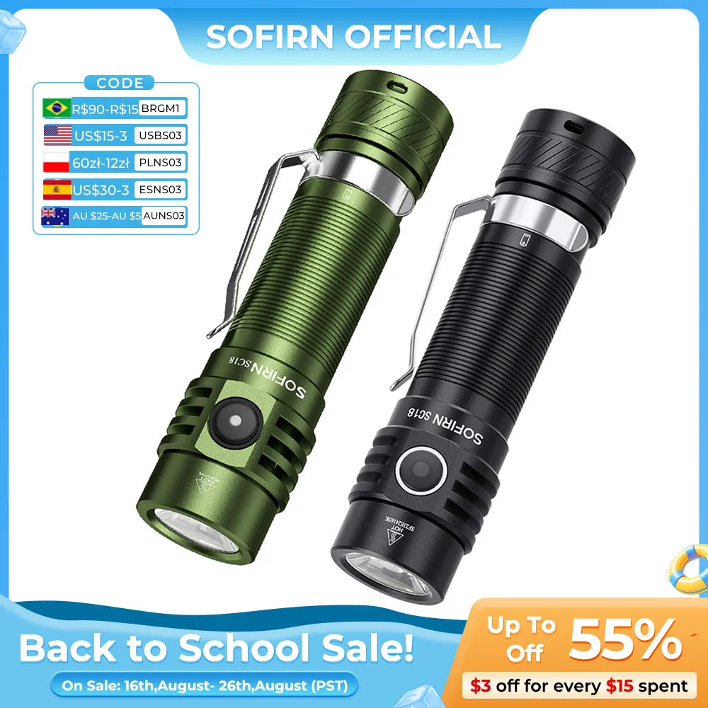 Sofirn SC18 1800lm EDC Flashlight USB C Rechargeable SST40 LED 18650 Torch TIR Optics Lens Lantern with Power Indicator
