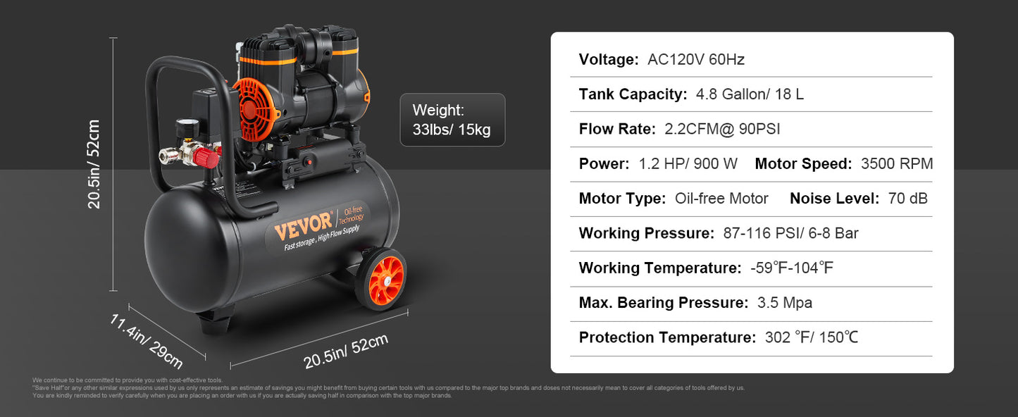 SucceBuy Silent Air Compressor 900W 1450W 1800W Quiet Oil-free Portable Air Pump for Repair Tire Inflation Whisper Compressor