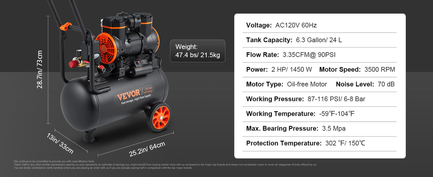 SucceBuy Silent Air Compressor 900W 1450W 1800W Quiet Oil-free Portable Air Pump for Repair Tire Inflation Whisper Compressor