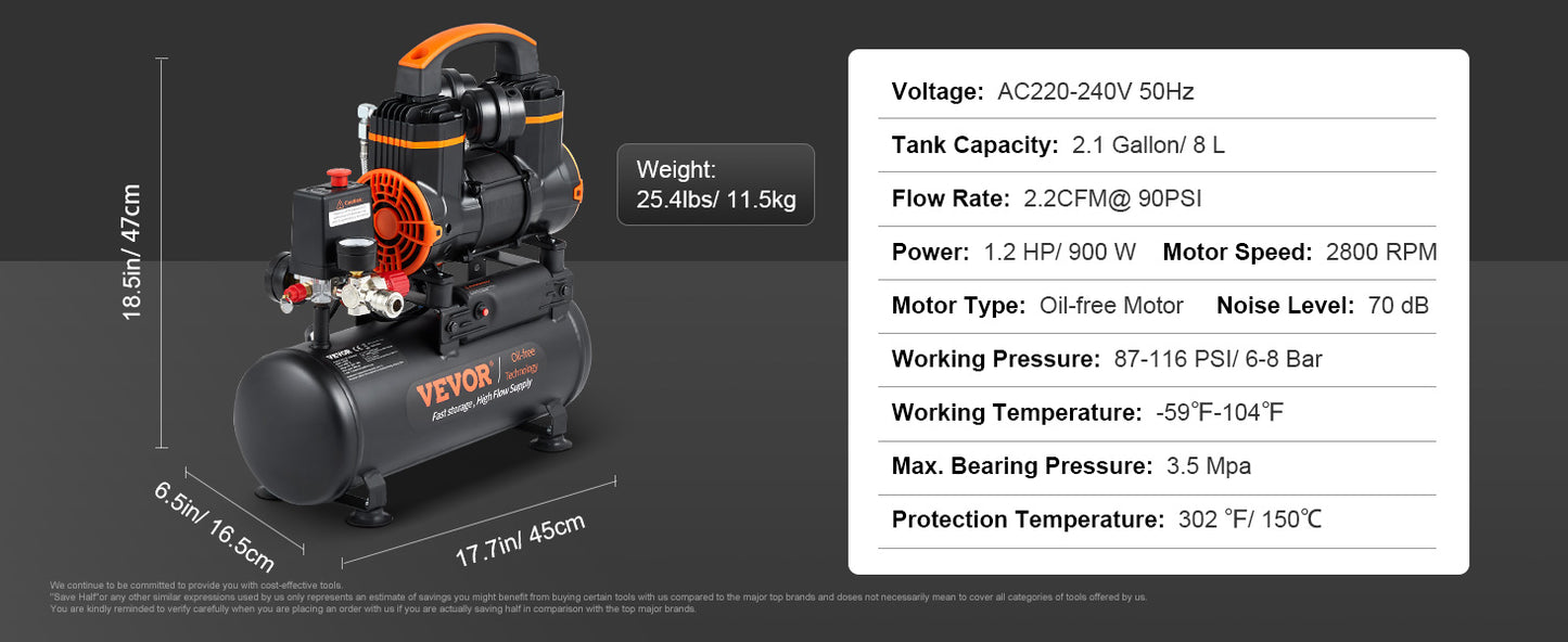 SucceBuy Silent Air Compressor 900W 1450W 1800W Quiet Oil-free Portable Air Pump for Repair Tire Inflation Whisper Compressor