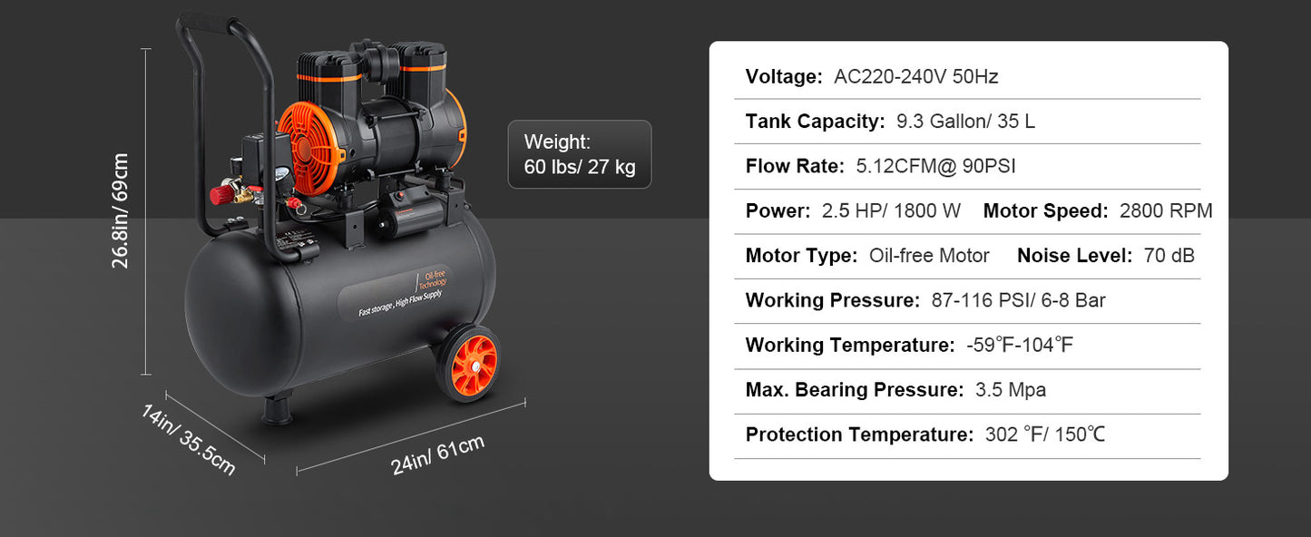 SucceBuy Silent Air Compressor 900W 1450W 1800W Quiet Oil-free Portable Air Pump for Repair Tire Inflation Whisper Compressor