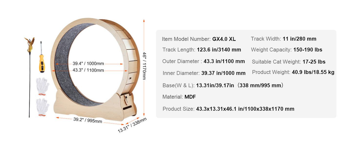 SucceBuy Wooden Cat Exercise Wheel Large Cat Treadmill Wheel for Indoor Cat Running Wheel with Detachable Carpet& Cat Teaser
