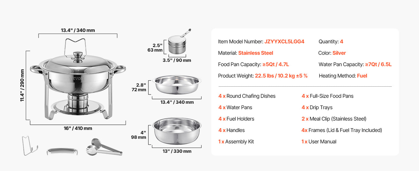 SucceBuy 4 Pack Chafing Dish Buffet Set Stainless Steel Chafer W/4 Full Size Pan Round Catering Warmer Server for Party Banquets