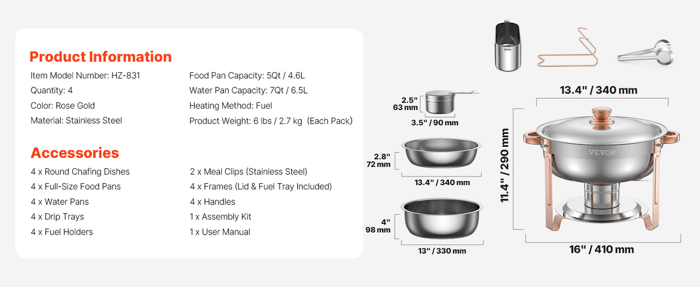 SucceBuy 4 Pack Chafing Dish Buffet Set Stainless Steel Chafer W/4 Full Size Pan Round Catering Warmer Server for Party Banquets