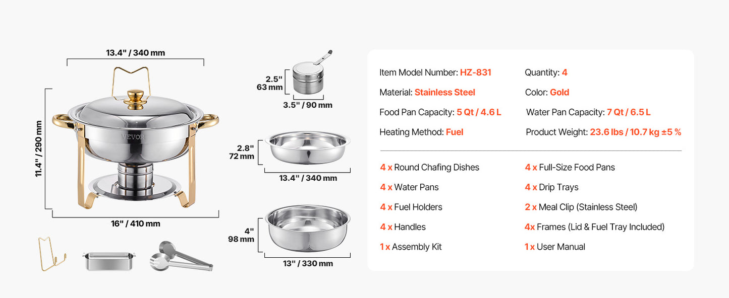 SucceBuy 4 Pack Chafing Dish Buffet Set Stainless Steel Chafer W/4 Full Size Pan Round Catering Warmer Server for Party Banquets
