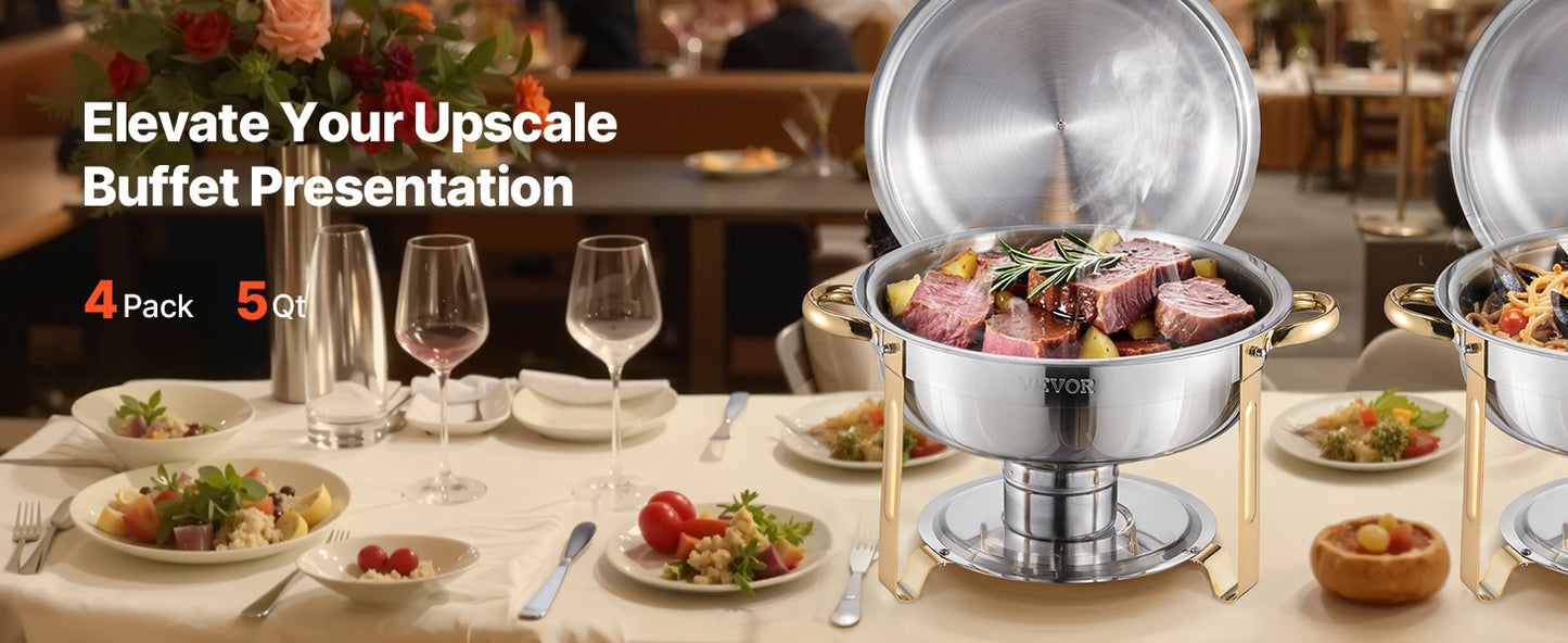 SucceBuy 4 Pack Chafing Dish Buffet Set Stainless Steel Chafer W/4 Full Size Pan Round Catering Warmer Server for Party Banquets