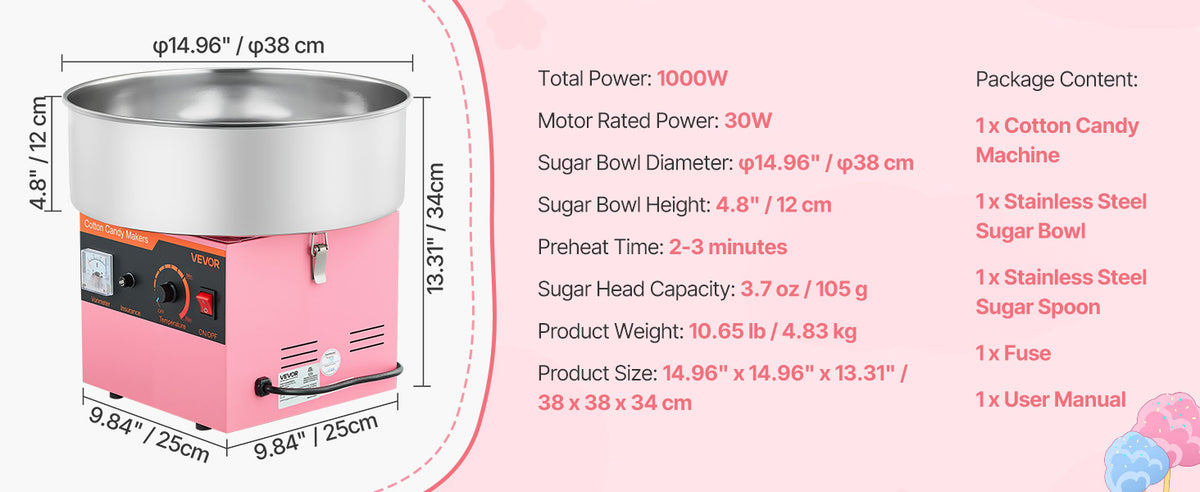 SucceBuy Cotton Candy Machine Commercial 1000W Electric Candy Floss Maker Easy Use with 15 inch Stainless Steel Bowl for Kids