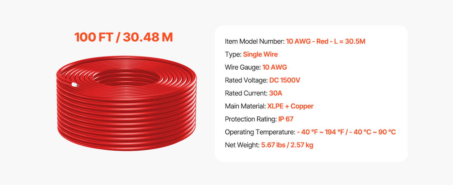 SucceBuy 100FT Solar Panel Extension Cable 10AWG 6mm² IP67 Waterproof Solar Extension Cable for Home Ship and RV Solar Panels
