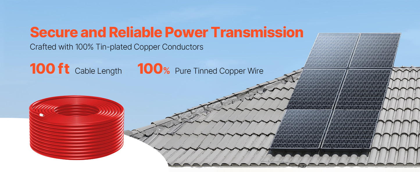 SucceBuy 100FT Solar Panel Extension Cable 10AWG 6mm² IP67 Waterproof Solar Extension Cable for Home Ship and RV Solar Panels